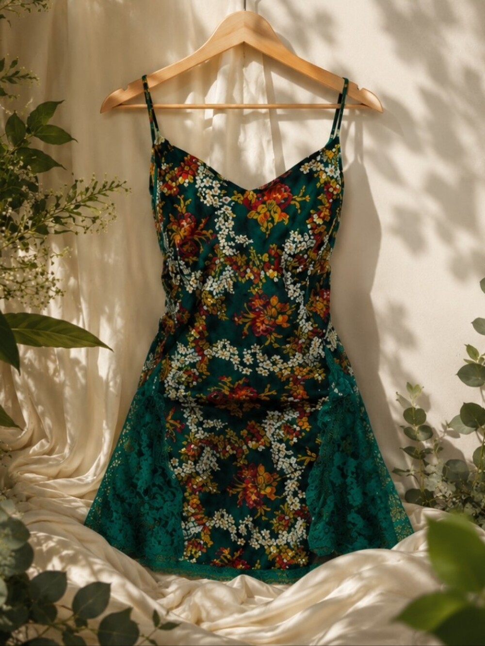 Vintage Victoria's Secret Emerald Green Floral Satin Mini Slip Chemise Lace Trim